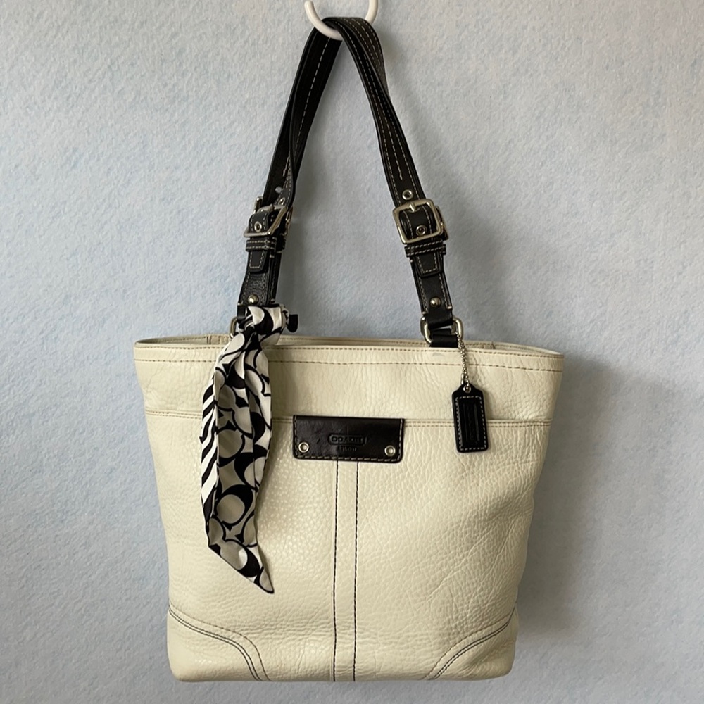 Coach Textured White & Black Satchel Purse